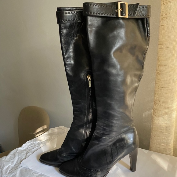 Louis Vuitton black leather zipper knee high boots heels 37.5 silver buckle 7.5 - Picture 7 of 15